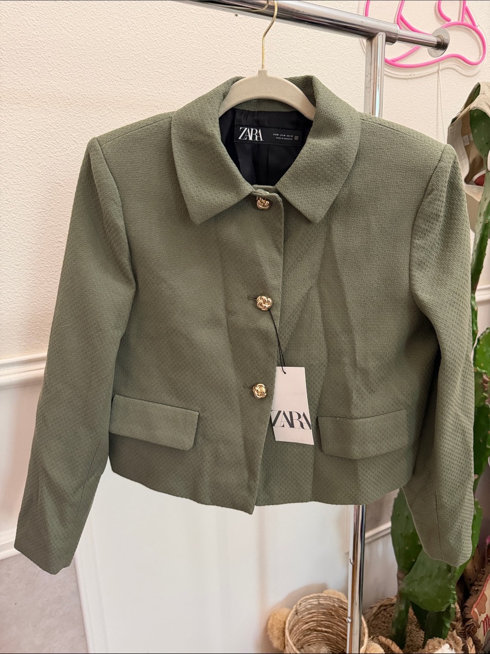 Zara Olive Green Cropped Button Jacket